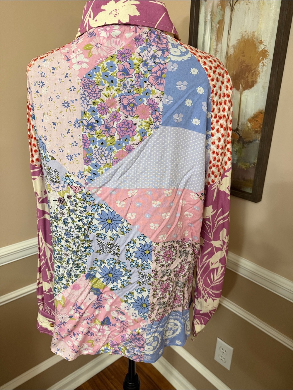 Patchwork Floral Button-Front Blouse - Pink Multi NWOT - Picture 9 of 12